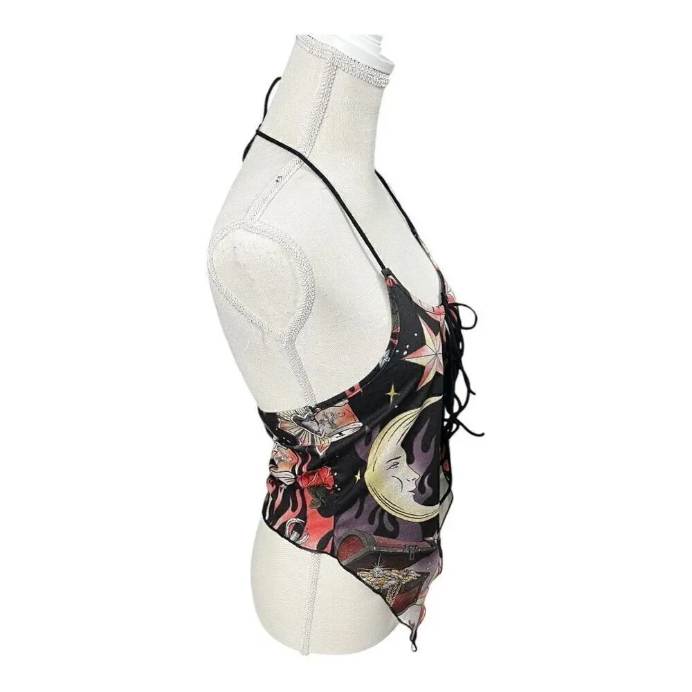 Romwe Black Multicolor Moon Floral Print Halter Top Size L Lace Up Open Back - Picture 6 of 10